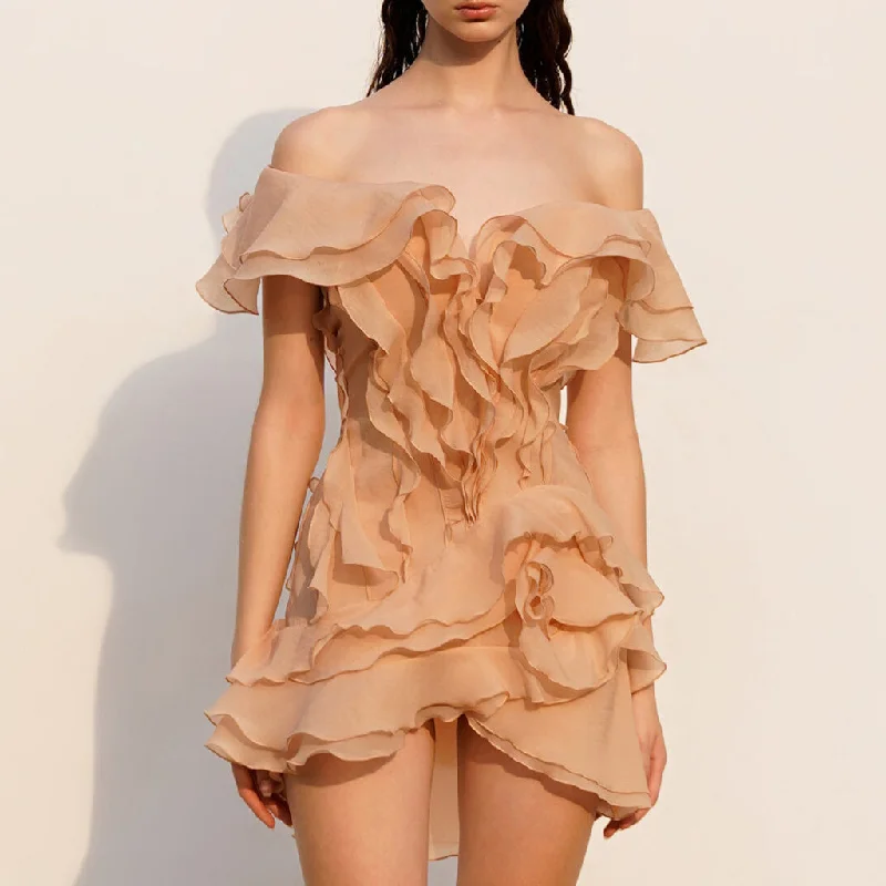 Ethereal Chiffon Deep V Off The Shoulder Layered Ruffle Rosette Mini Dress H&M mini dresses