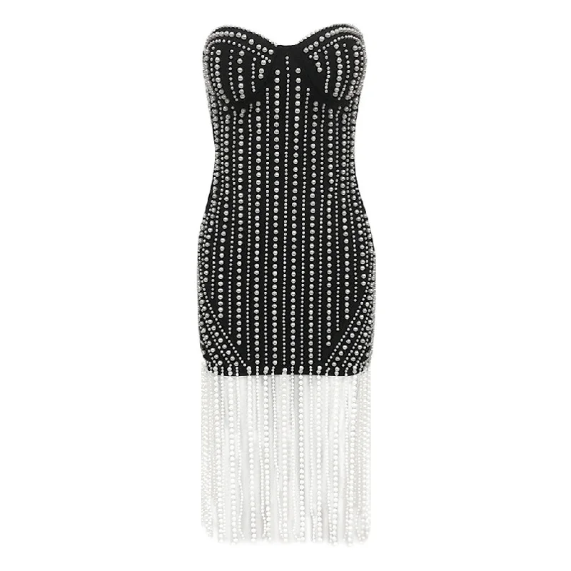 Luxury Strapless Bustier Bodycon Bandage Imitated Pearl Fringe Mini Dress Glamorous mini dresses