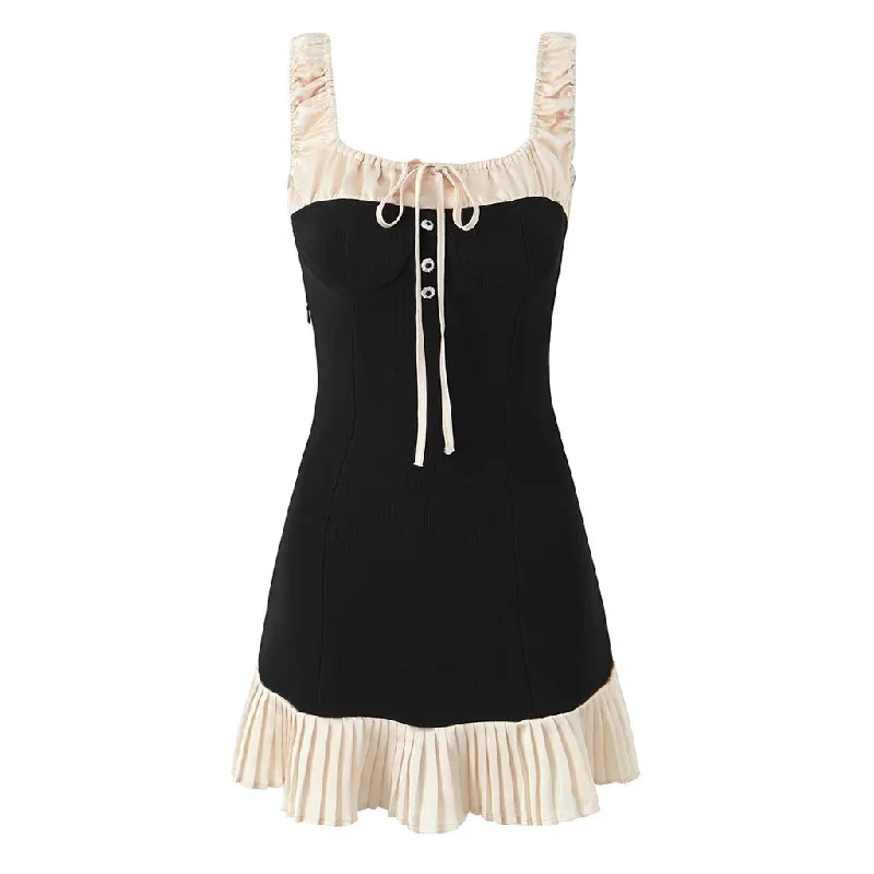 Luxury Tie Neck Scrunched Strap Ribbed A Line Satin Pleated Mini Sundress Leather mini dresses