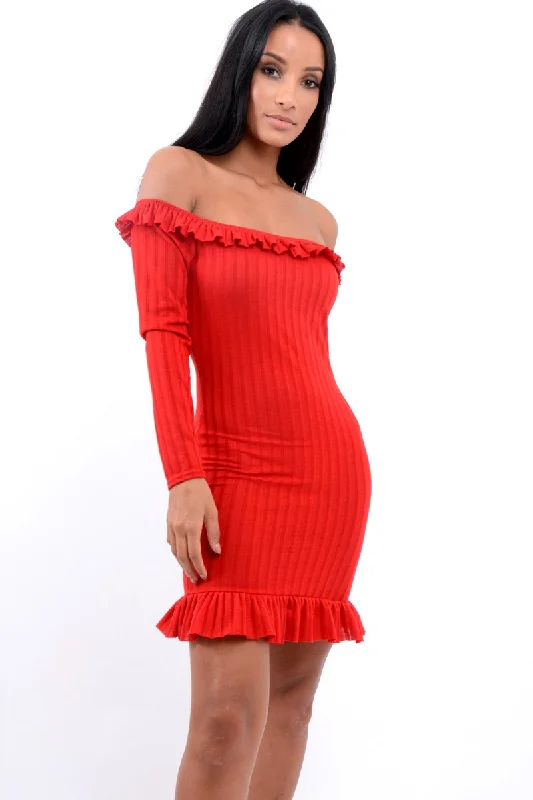 Red Ruffle Hem Ribbed Bardot Mini Dress - Destiny Formal mini dresses