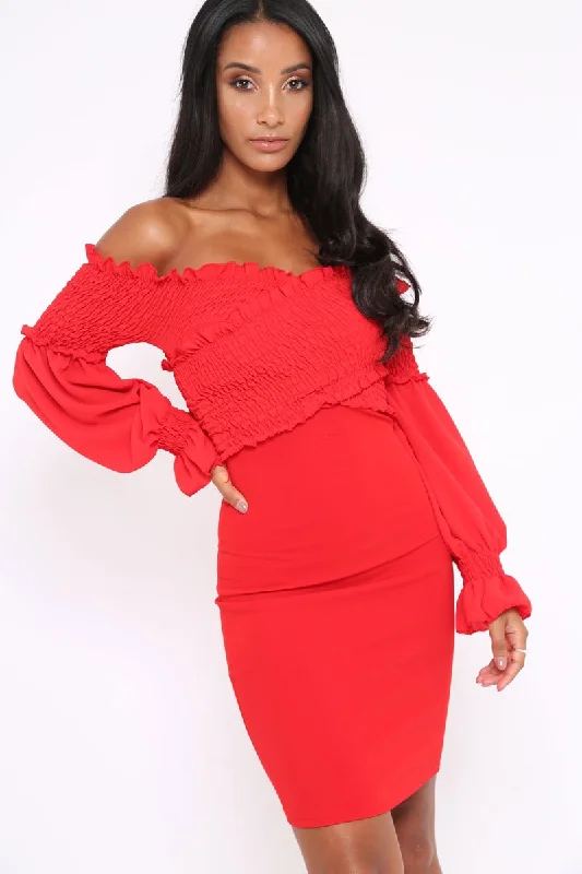 Red Shirred Wrap Over Bardot Mini Dress - Natasha Casual mini dresses