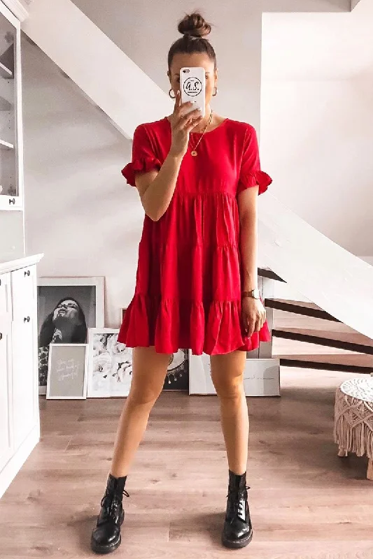 Red Smock Tiered Frill Sleeve Mini Dress - Olah Sexy little black mini dresses