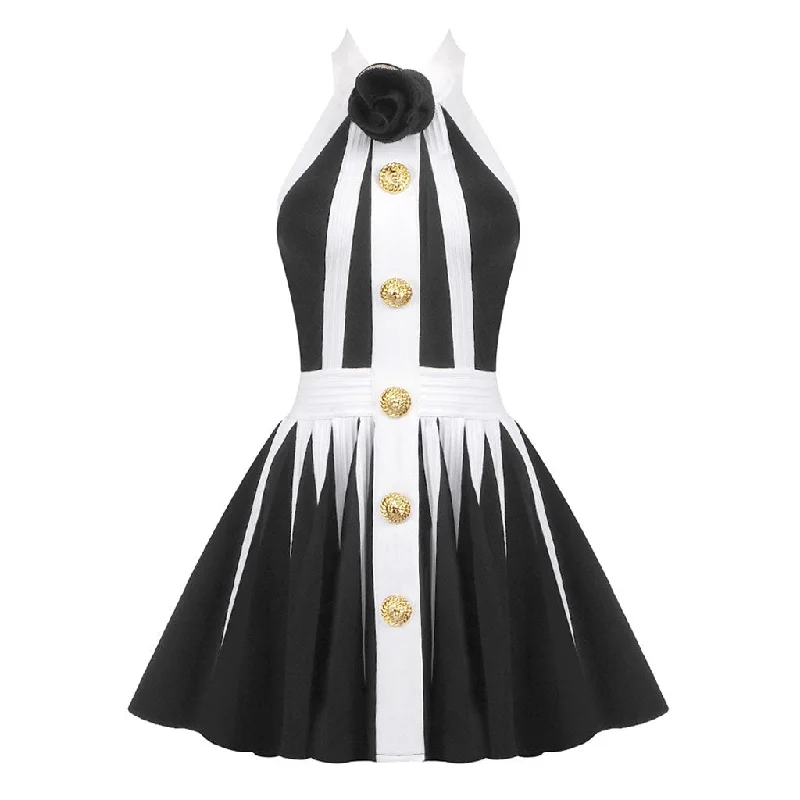 Retro Rosette Halter Sleeveless Buttoned Bandage Godet Skater Mini Dress Festival mini dresses