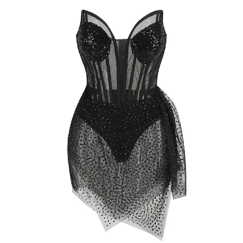 Sexy Sheer Mesh Sequin Rhinestone Sweetheart Corset Bustier Strapless Mini Dress Luxury mini dresses