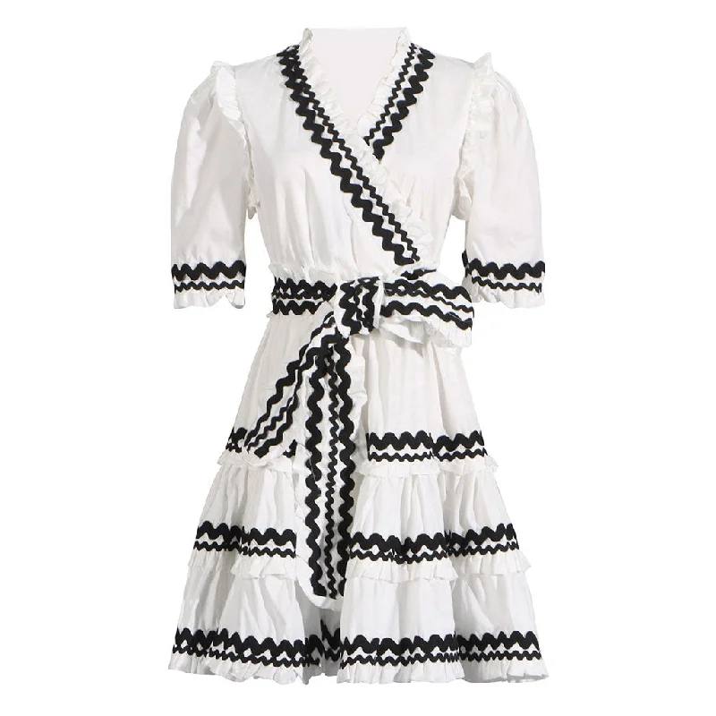 Vintage V Neck Contrast Rickrack Trim Summer Puff Sleeve Tiered Mini Dress Knitted mini dresses