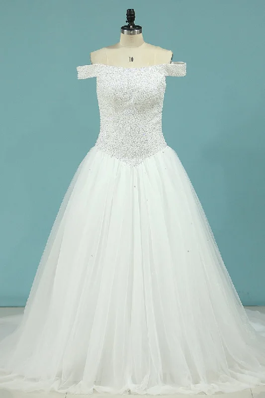 A Line Wedding Dresses Boat Neck Beaded Bodice Chapel Train Sparkling Bridal Gown