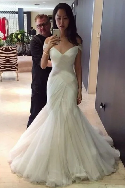 2024 Popular Off The Shoulder Mermaid/Trumpet Wedding Dresses With Ruffles PQL68896 Satin Lace Gown