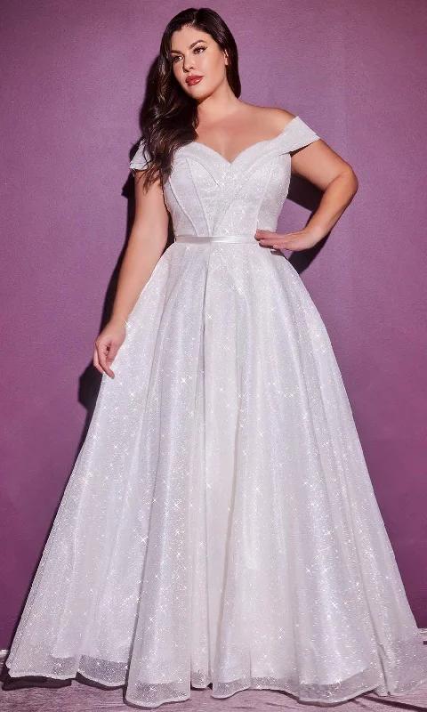 Cinderella Divine Bridals - CD214W Off Shoulder Glitter A-Line Gown Romantic Lace Dress