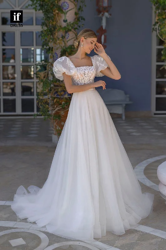 31634 - Elegant A-Line Square Cap Sleeves Boho Wedding Dress Modern Bridal Gown