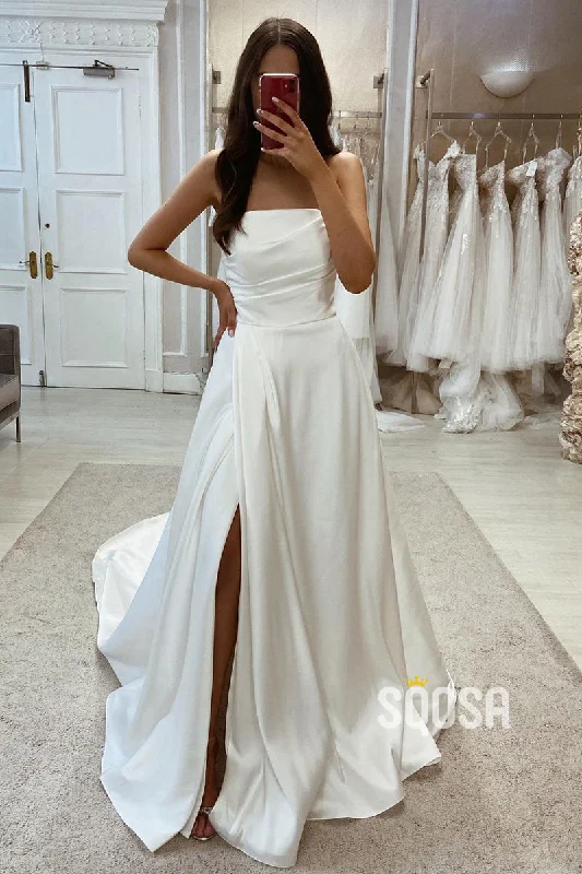 Satin A-Line Square Strapless Ruched With Side Slit Beach Wedding Dress QW8121 Off-shoulder Wedding Gown