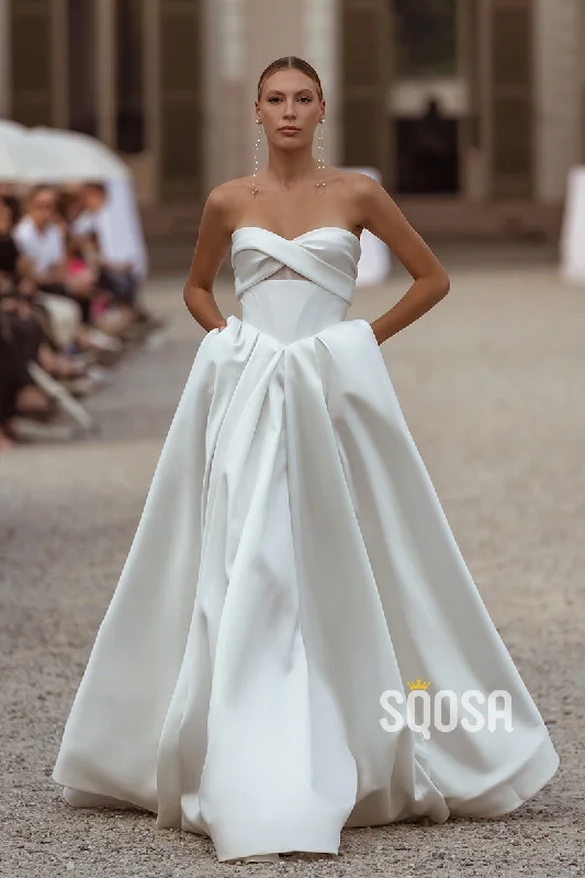 Satin A-Line Sweetheart Strapless Illusion Empire With Train Wedding Dress QW8123 Elegant A-line Gown