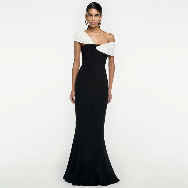 arwen&ajh مجموعة أروين التجارية Fall 2024 Black And White Twisted Fishtail Dress European And American Dress Split Sexy Evening Dress Black Women's Dress Classic Lace Gown