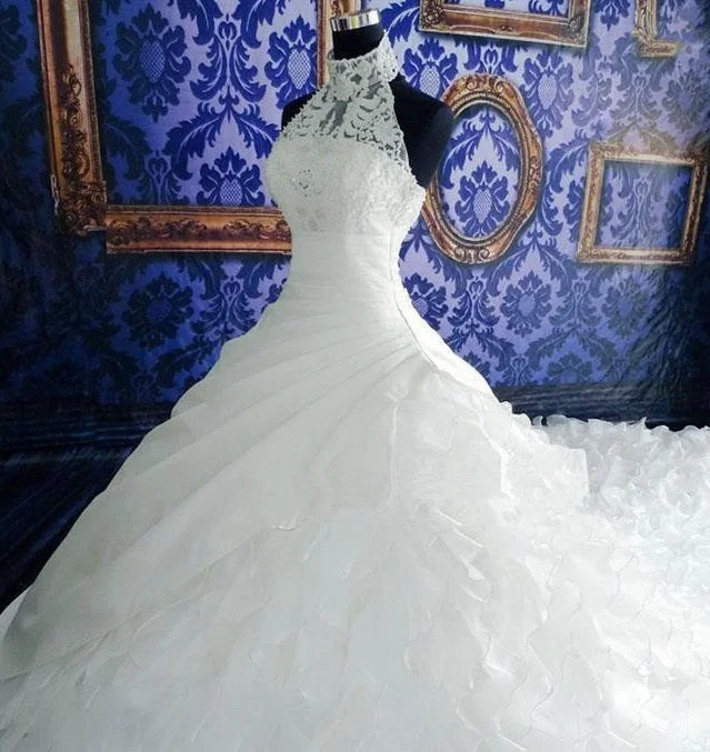 High-neck  Ruffled Wedding Gown  at Bling Brides Bouquet online Bridal Store Mermaid Style Gown