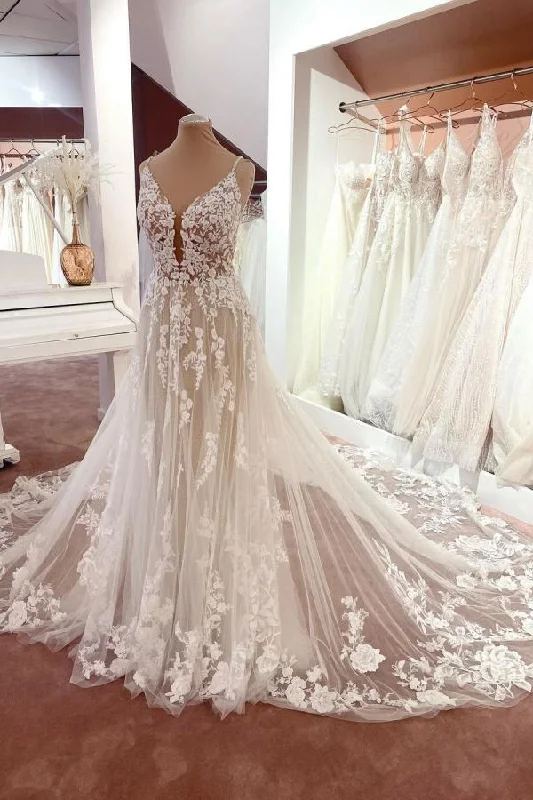 Long A-Line V-Neck Sleeveless Floral Lace Wedding Dress with Tulle and Boho Style Floral Wedding Gown