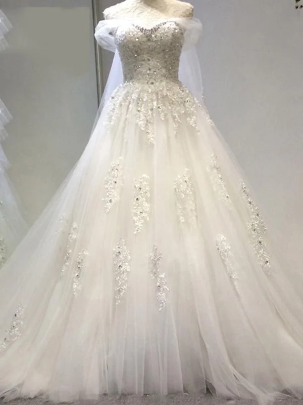 Modest Sweetheart Beaded Pearls Tulle Wedding Dresses Full Skirt Wedding