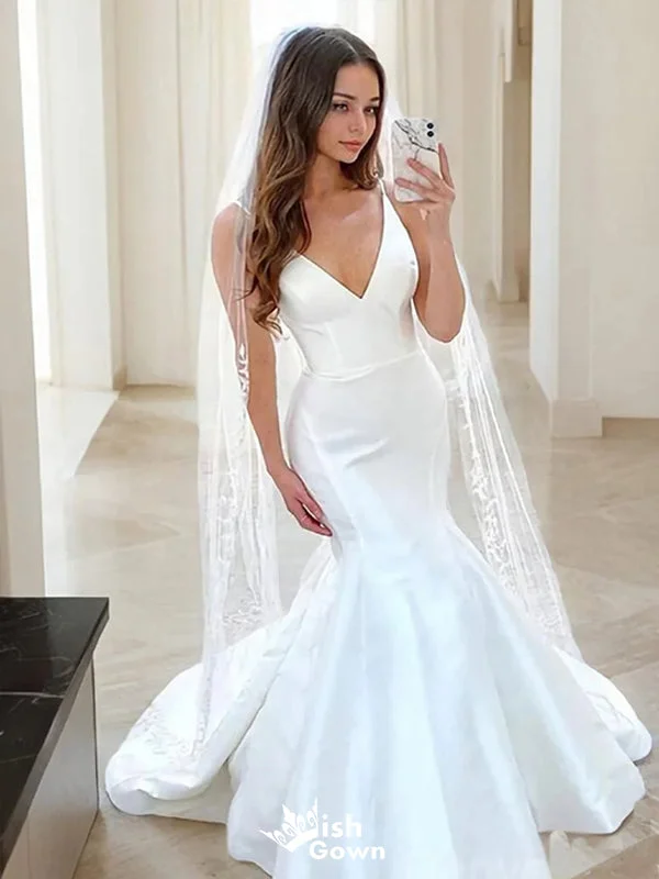 Romantic Mermaid Spaghetti Straps V Neck With Train Popular Bridal Long Wedding Dresses, WDH116 Boho Chic Gown