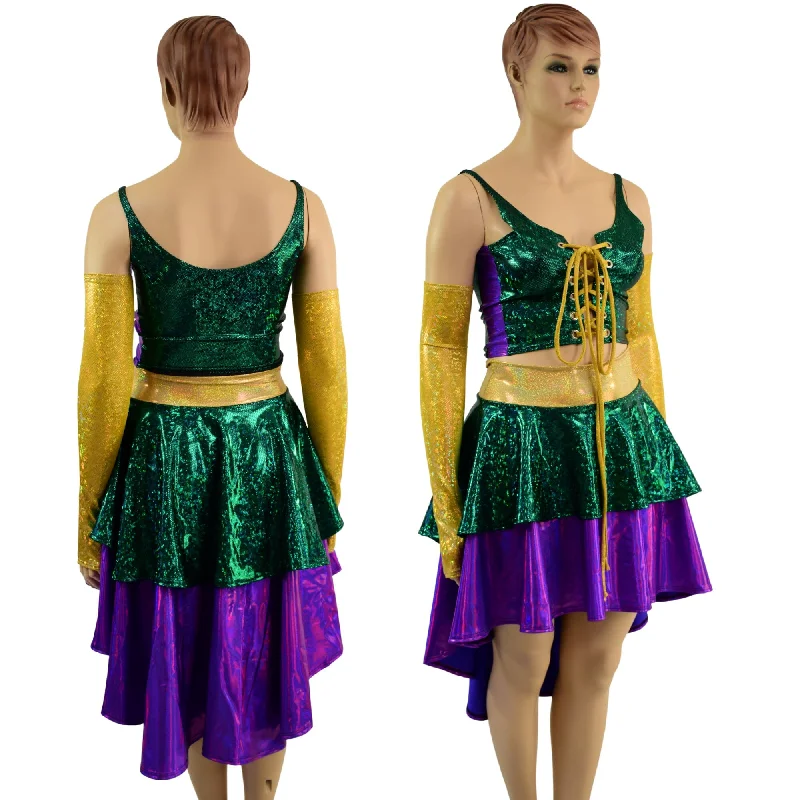 4PC Hi Lo Layered Mardi Gras Skirt, Lace Up Top and Arm Warmer Set Pleated unclassified skirts