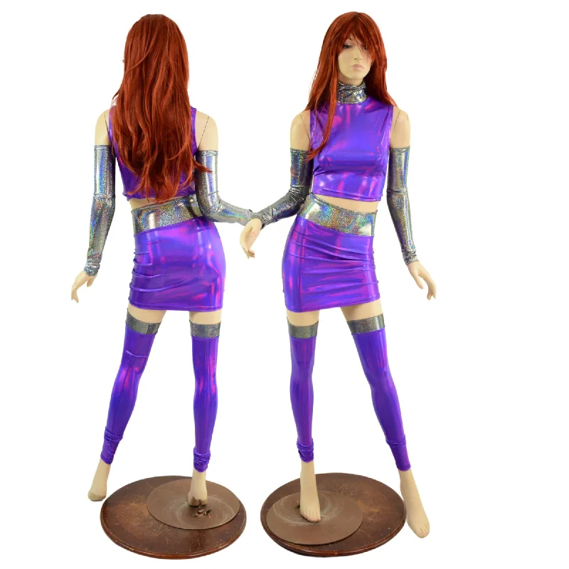 6PC Purple Crop Top & Skirt Set with Silver Holo Trim and Arm & Leg Warmers Formal unclassified skirts