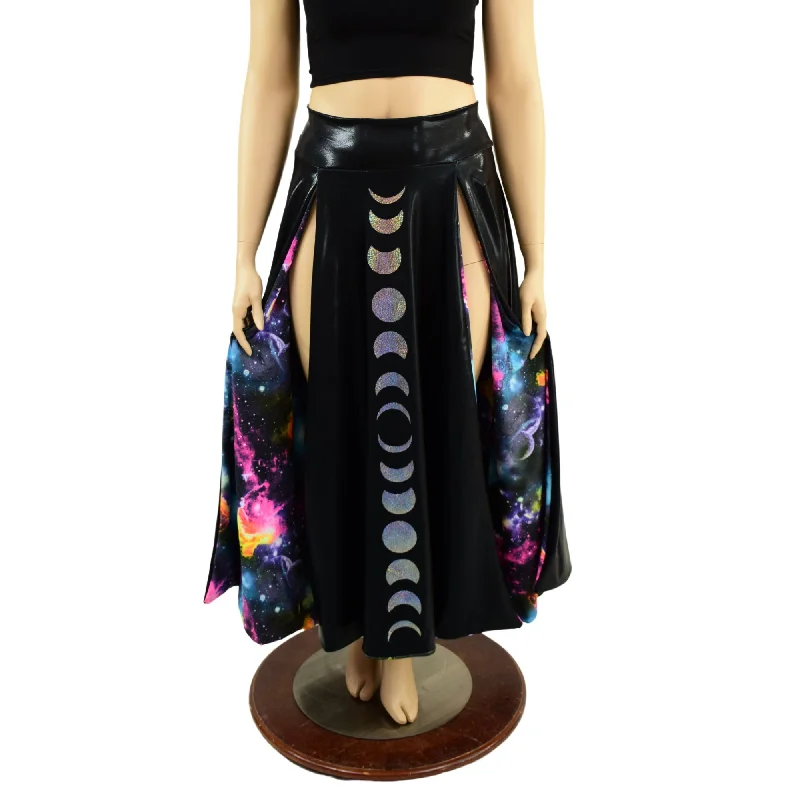 Black Mystique Double Split Skirt with Moon Phases and Galaxy Lining Trendy new unclassified skirts