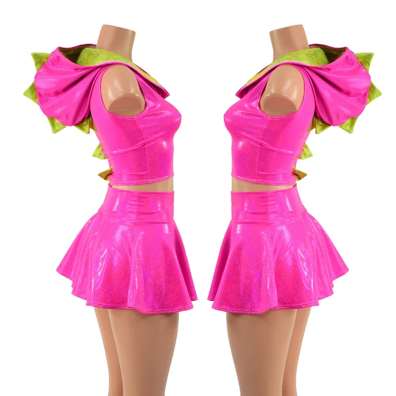 Neon Pink and Lime Dragon Crop Hoodie & Skirt Set Tiered unclassified skirts