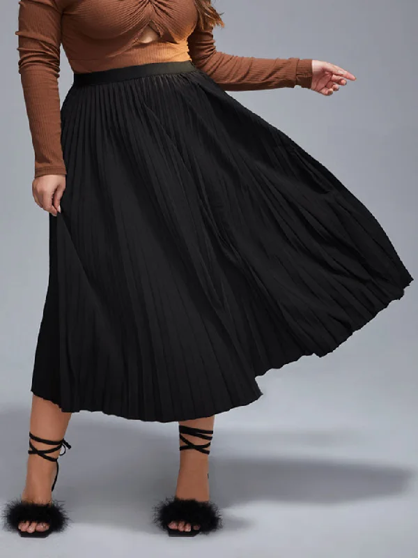 Plus Black Elastic Waist Pleated Skirt Printed unclassified skirts