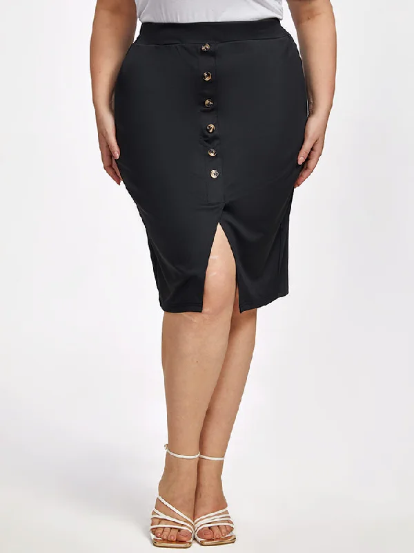 Plus Black Button Front Slit Pocket Elastic Waist Skirt Stylish unclassified skirts