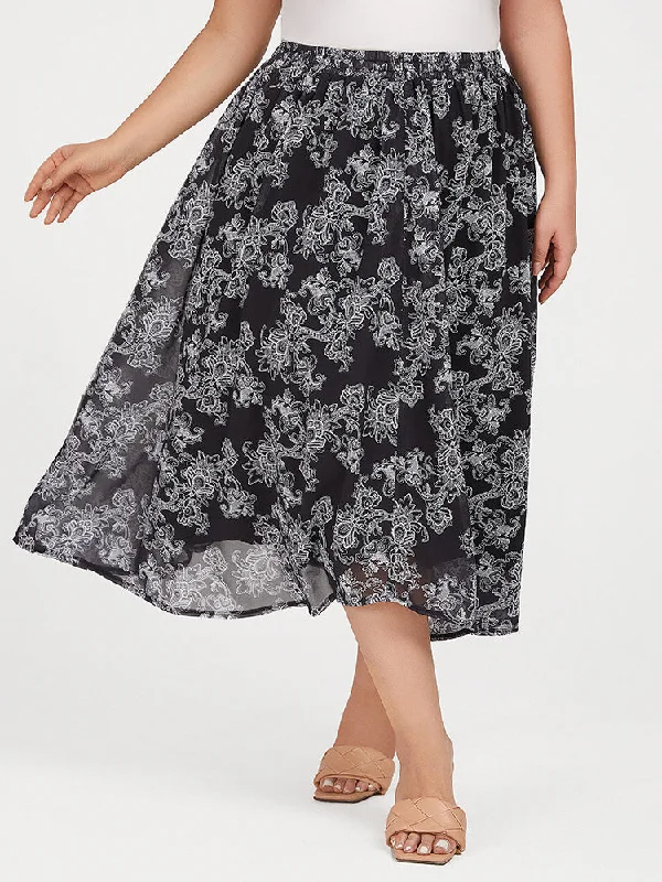 Plus Black Floral Elastic Waist Skirt Comfortable unclassified skirts