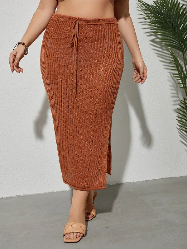 Plus Red Brown Tie Front Split Cover Up Skirt Slit unclassified skirts