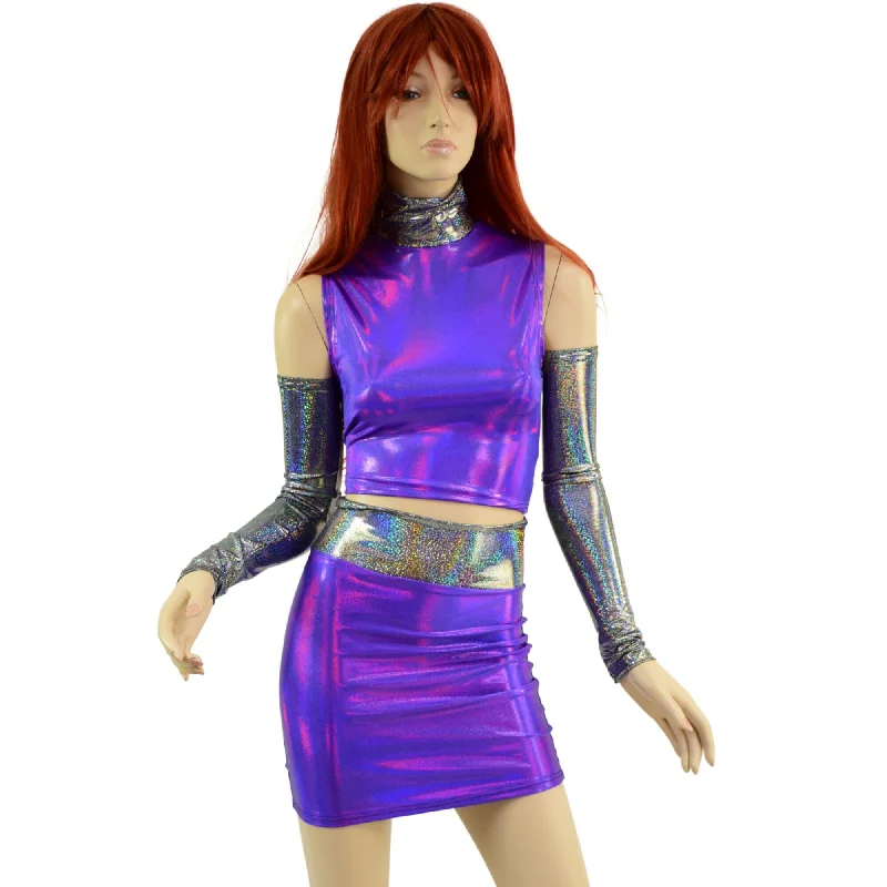 4PC Purple Crop Top & Skirt Set with Silver Holo Trim and Arm Warmers Silk unclassified skirts