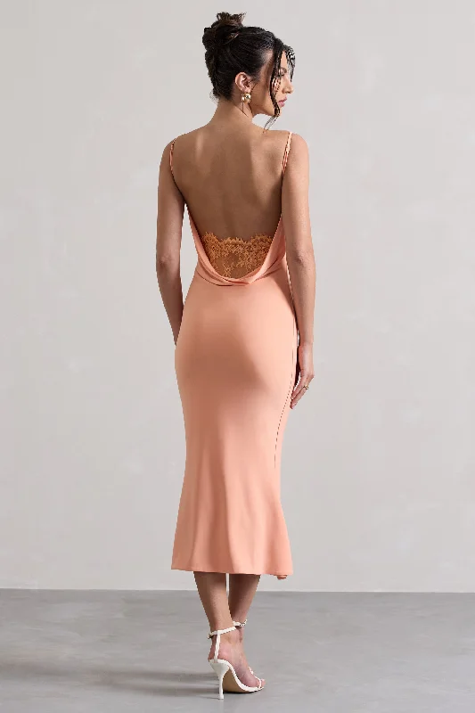 Addison | Coral Cowl-Neck Open-Back Midi Dress With Lace Wrap midi dresses