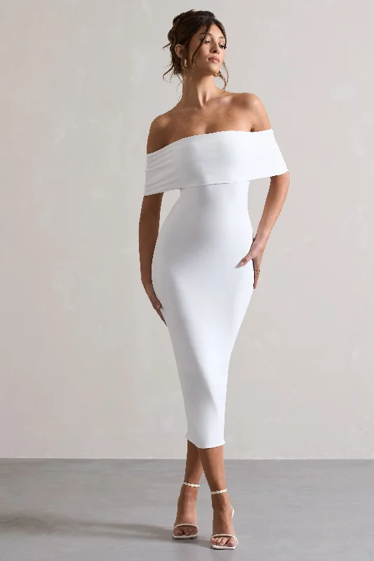 Averie | White Bodycon Bardot Midi Dress Trendy midi dresses under $50