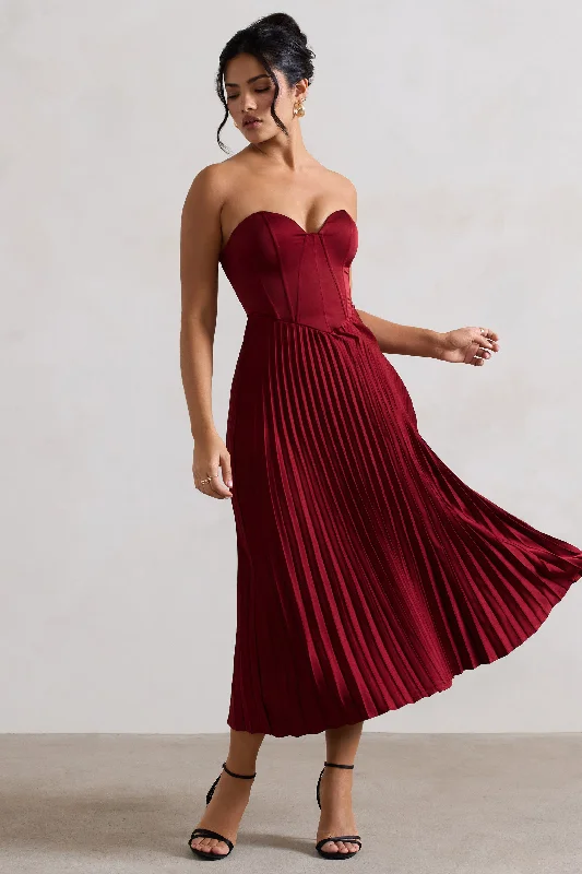 Bordeaux | Berry Satin Corset Style Midi Dress Sexy little black midi dresses