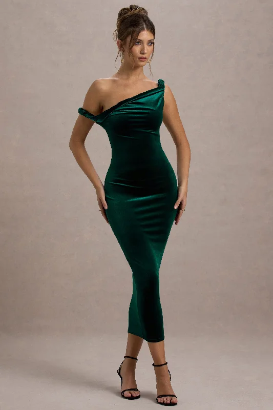 Carella | Bottle Green Velvet Twisted Asymmetric Midi Dress Minimalist midi dresses