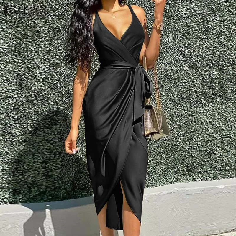 Dressy Satin Wrap Midi Dress - Black Fall midi dresses