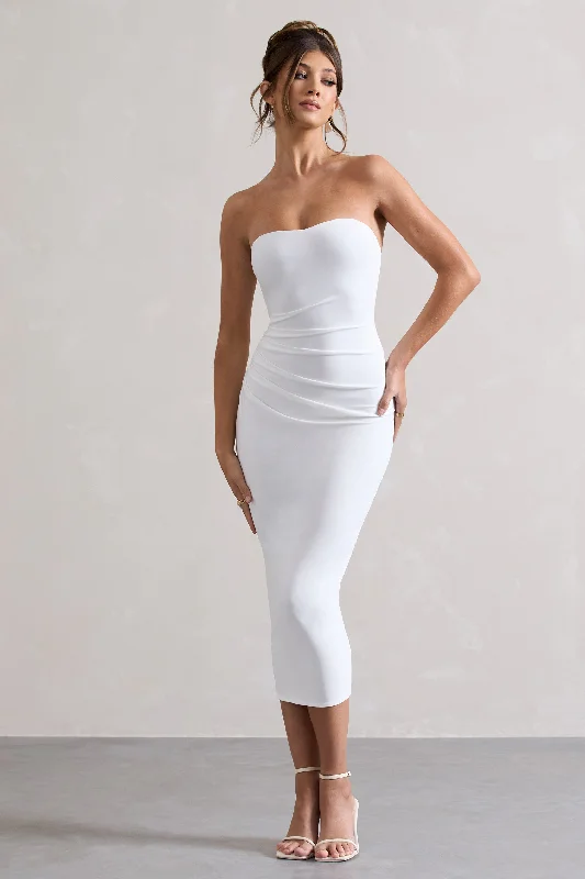 East End | White Strapless Gathered Midi Dress Minimalist midi dresses