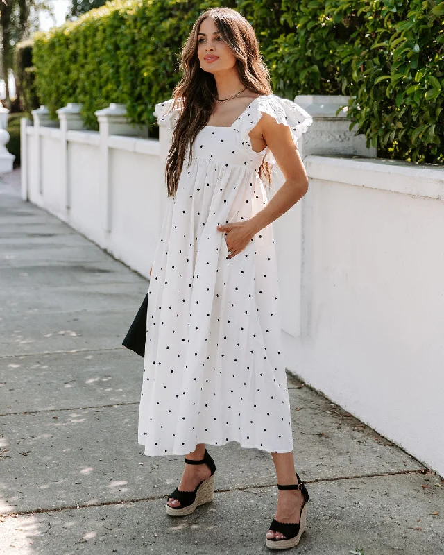 Edith Cotton Pocketed Polka Dot Midi Dress - White Flowy midi dresses