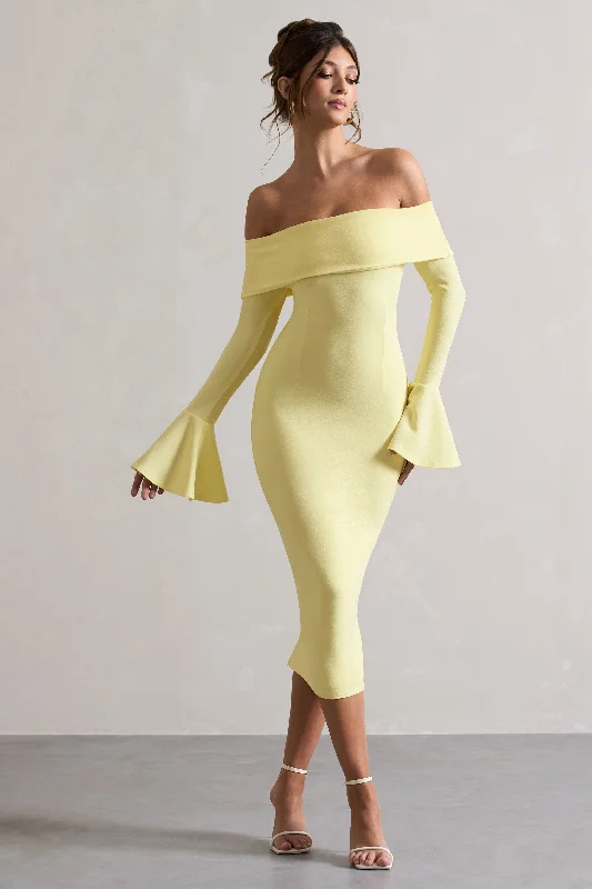 Emma | Lemon Bardot Flared-Sleeve Midi Dress Satin midi dresses