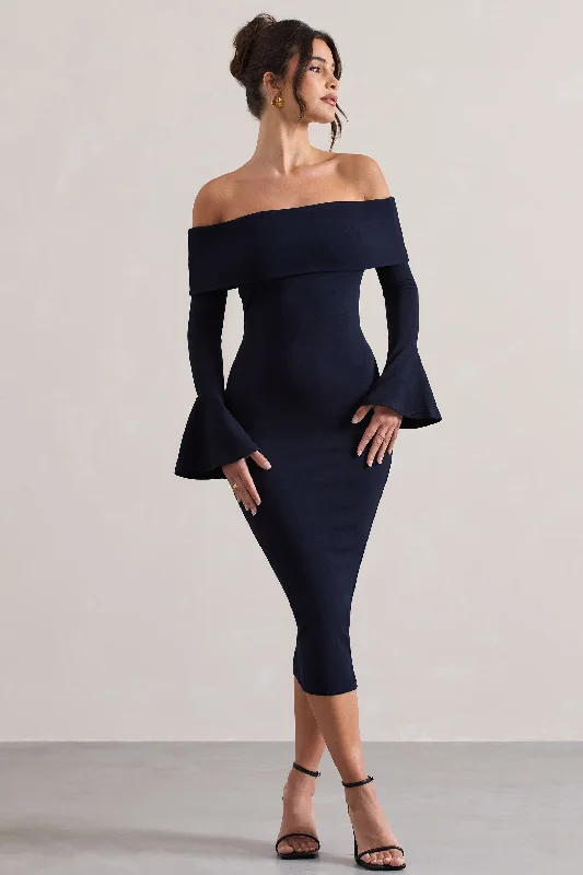 Emma | Navy Bardot Flared-Sleeve Midi Dress Summer midi dresses