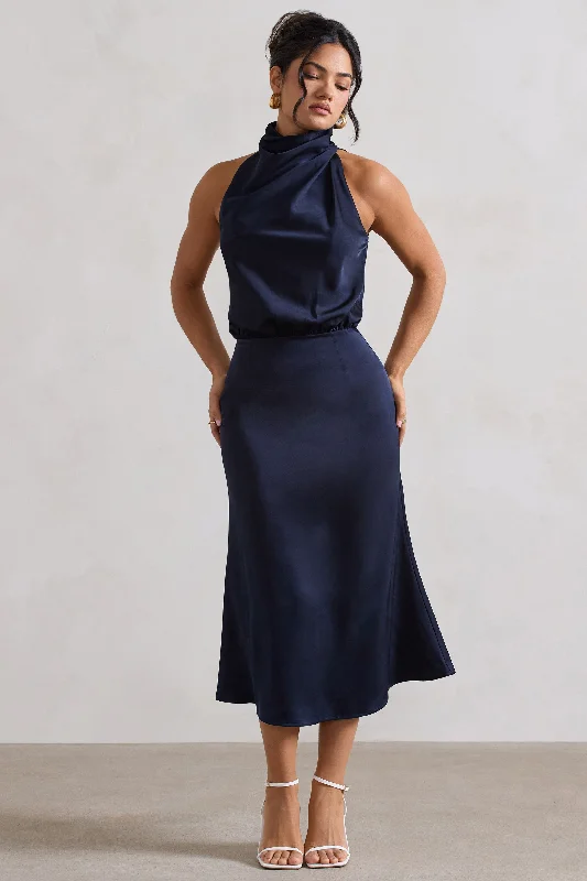 Geena | Navy Satin Twisted High-Neck Midi Dress Best value midi dresses