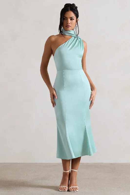 Golden Girl | Mint Satin One Shoulder High-Neck Flared Midi Dress Street style midi dresses