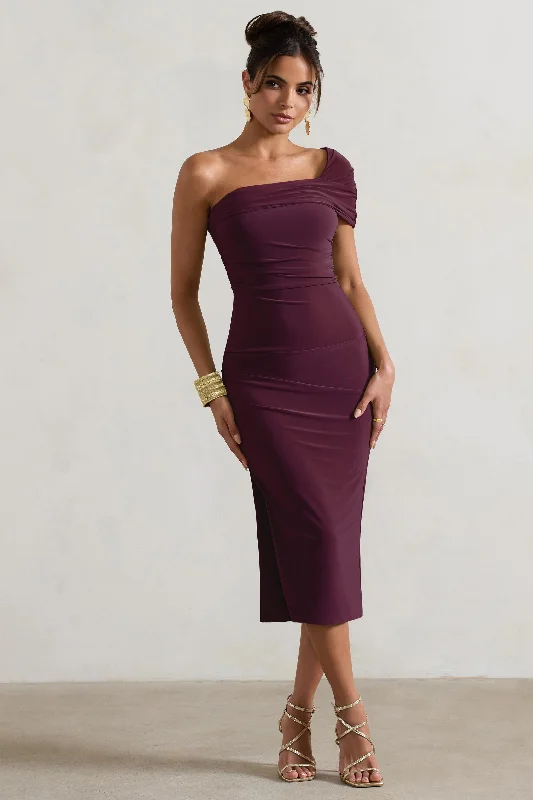 Hawaii | Plum Asymmetric One-Shoulder Split Midi Dress Shein midi dresses