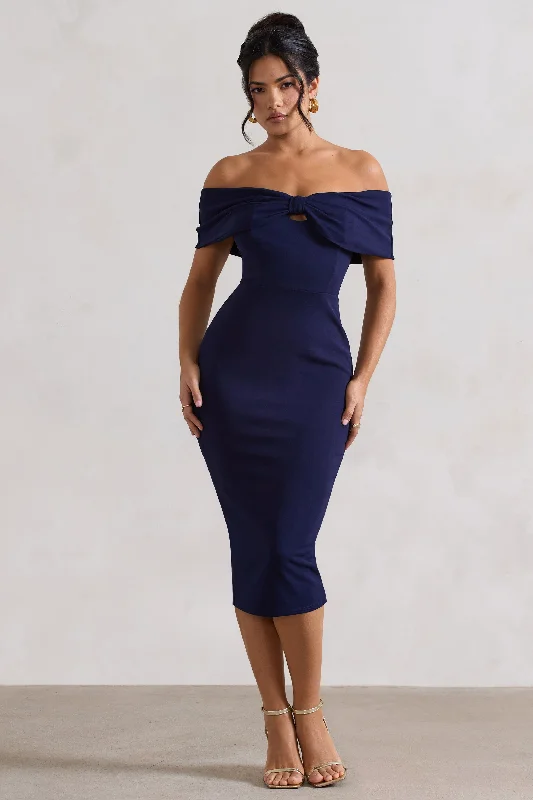 Hope | Navy Bow Bardot Midi Dress Best midi dresses for curvy figures