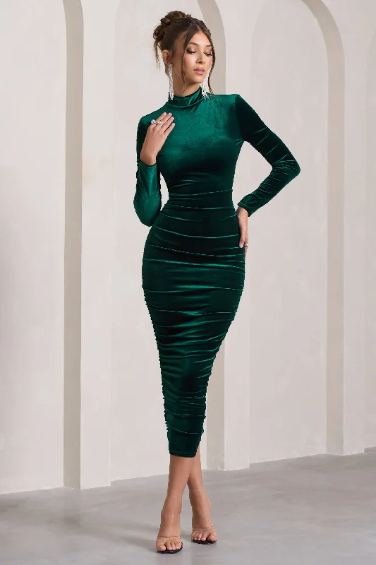 Joanna | Bottle Green Velvet High-Neck Backless Midi Dress Anniversary midi dresses