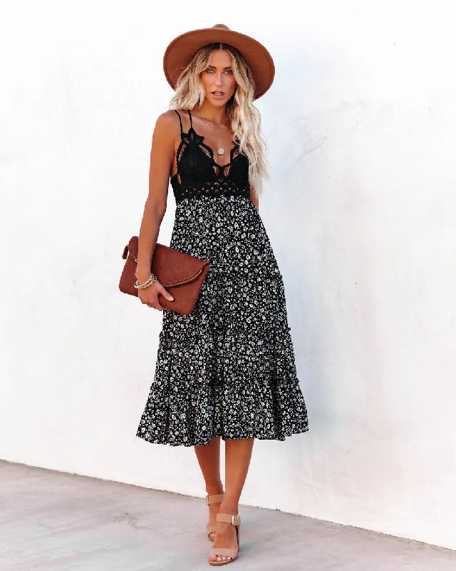 Let It Be Tiered Floral Lace Midi Dress - Black Birthday midi dresses