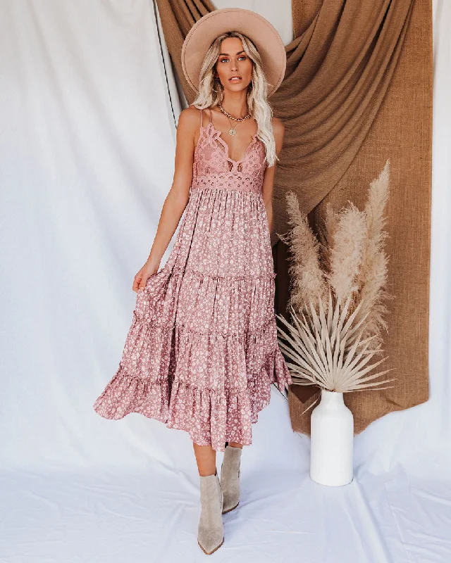 Let It Be Tiered Floral Lace Midi Dress - Mauve A-line midi dresses