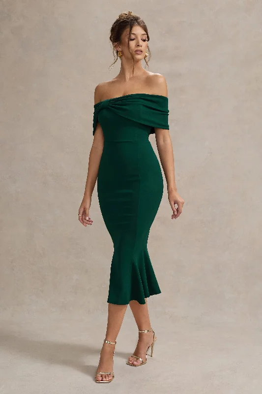 Lydia | Bottle Green Bardot Bow Detail Midi Dress Long sleeve midi dresses