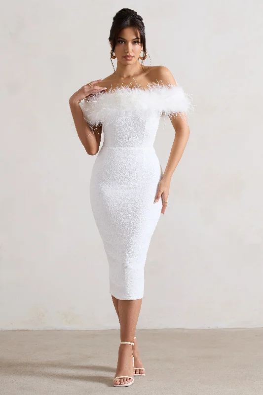 Maiden | White Lace Bardot Midi Dress With Feather Trim Graduation midi dresses