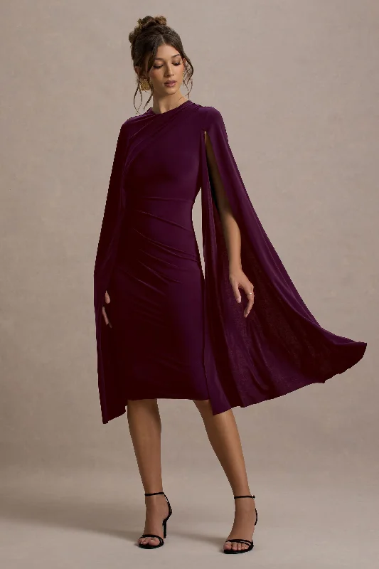 Marysol | Plum Asymmetric Cape Midi Dress New Year's Eve midi dresses