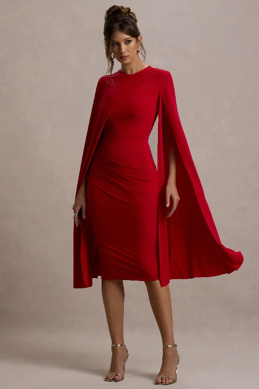 Marysol | Red Asymmetric Cape Midi Dress A-line midi dresses