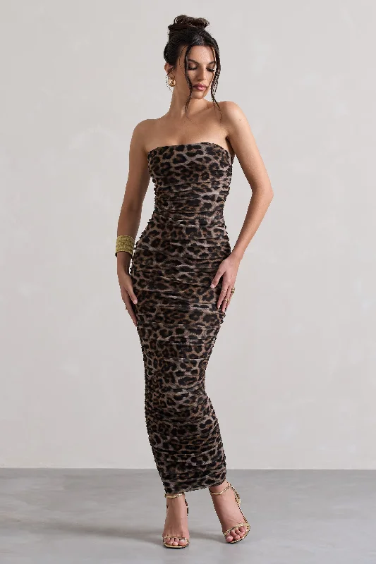 My Lady | Leopard Print Strapless Bodycon Ruched Mesh Midi Dress Designer midi dresses